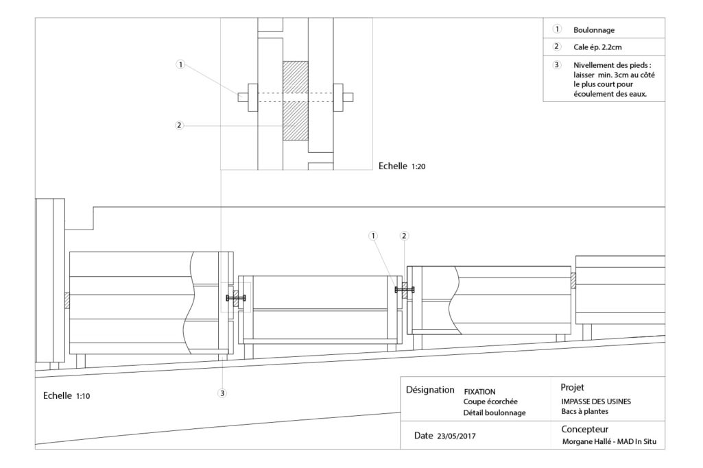 plan à l'échelle des bacs conçus par la designer